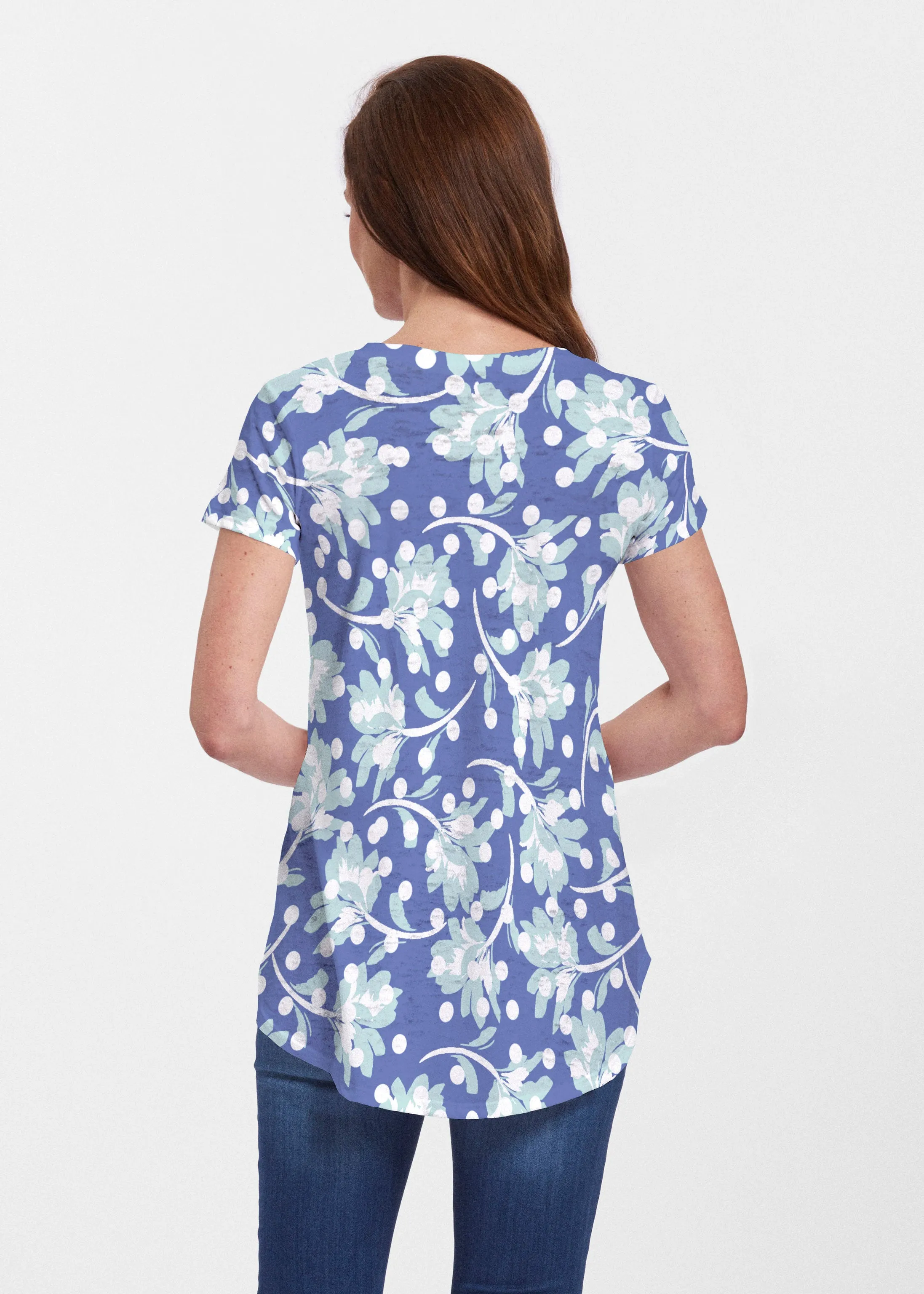 Polka Dot Floral Navy (7916) ~ Short Sleeve Scoop Neck Flowy Tunic