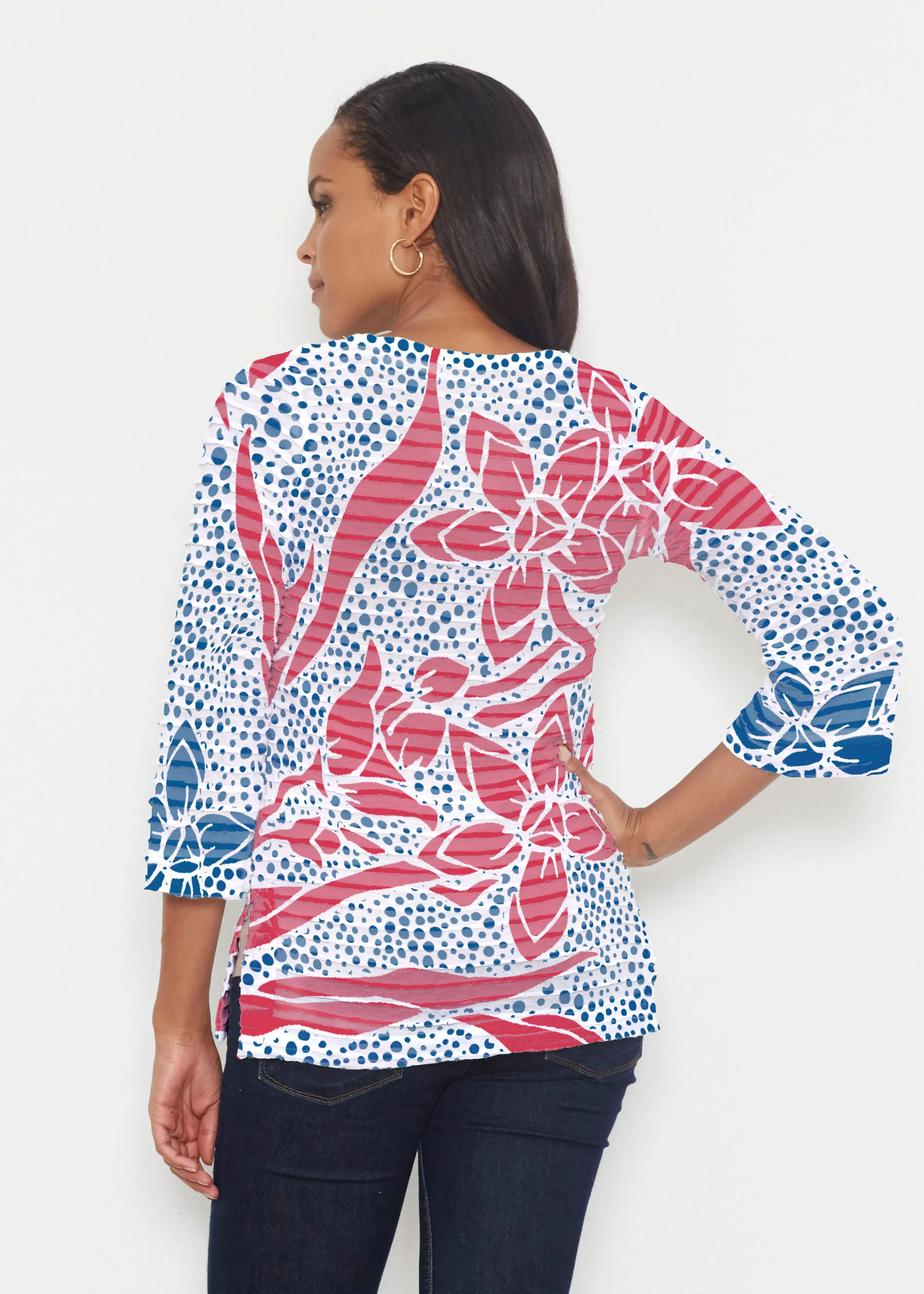 Polka Vine Red-Blue (8131) ~ Banded 3/4 Bell-Sleeve V-Neck Tunic