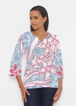 Polka Vine Red-Blue (8131) ~ Banded 3/4 Bell-Sleeve V-Neck Tunic