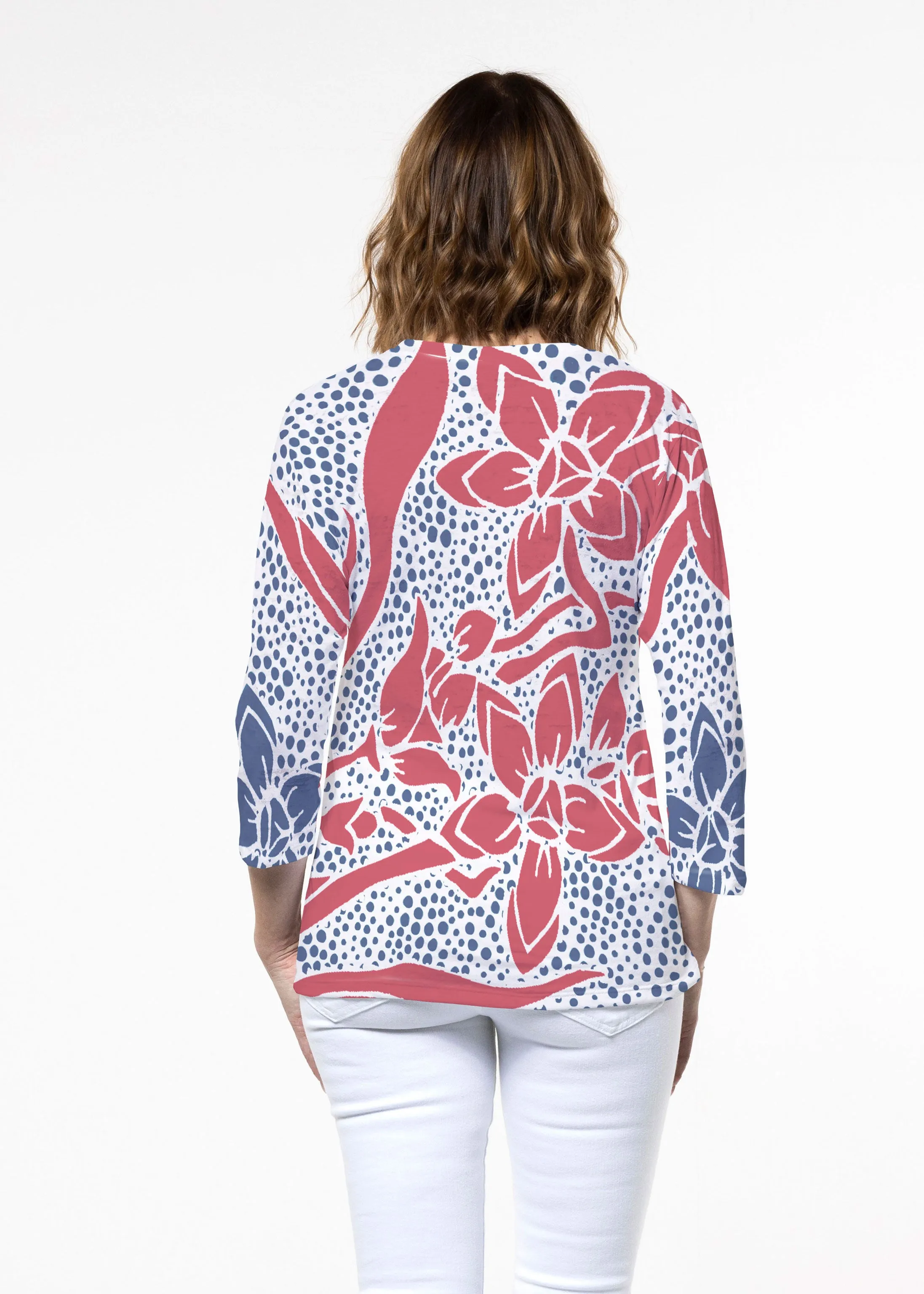 Polka Vine Red-Blue (8131) ~ Signature 3/4 Sleeve Crew Neck Top