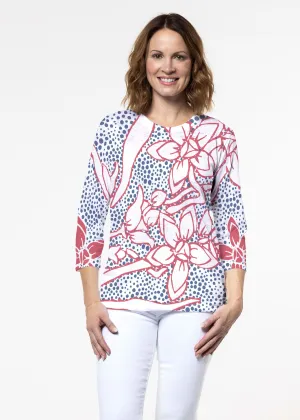 Polka Vine Red-Blue (8131) ~ Signature 3/4 Sleeve Crew Neck Top