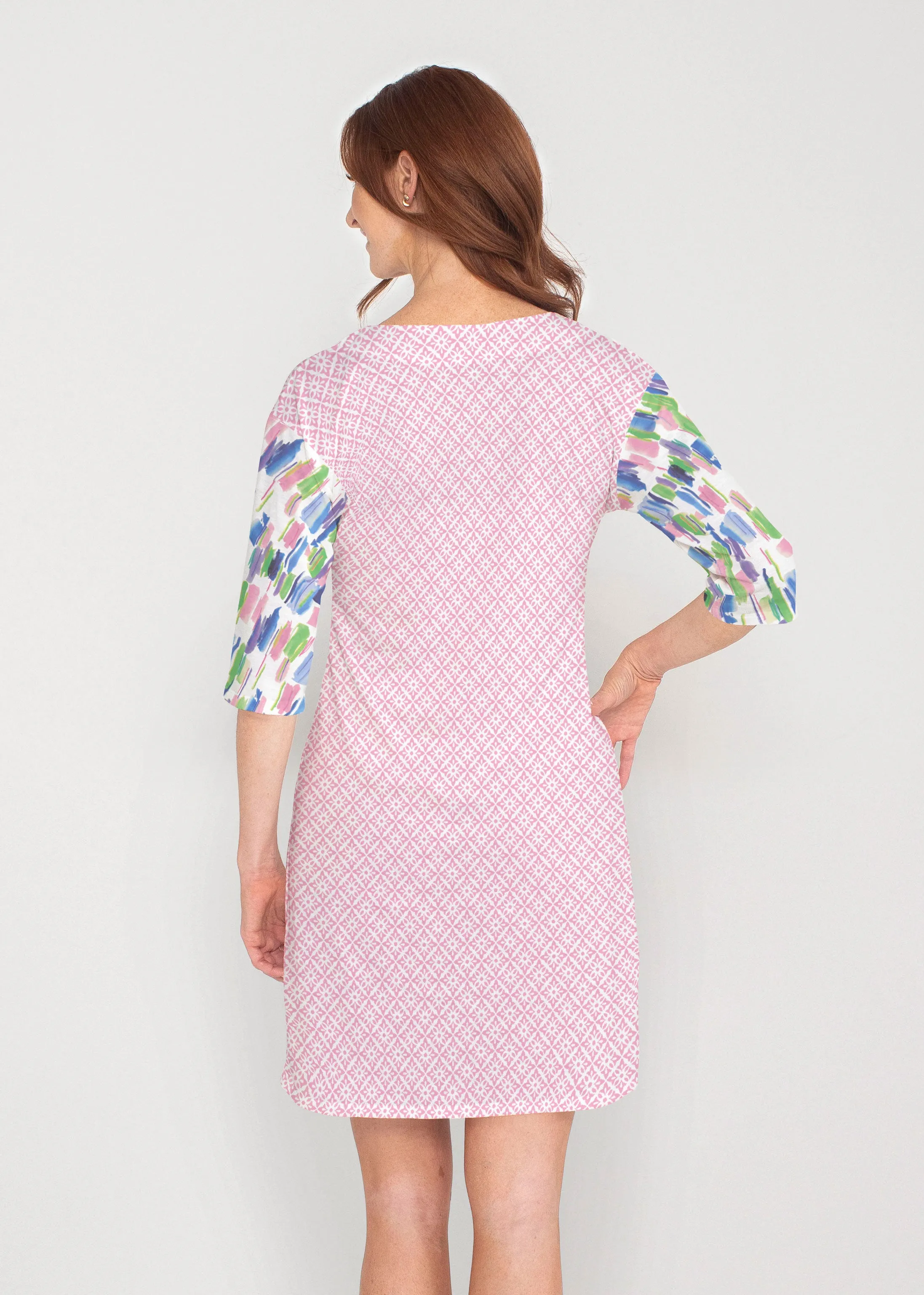 Pops of Bliss (8047) ~ Drop Shoulder 3/4 Sleeve V-Neck Dress