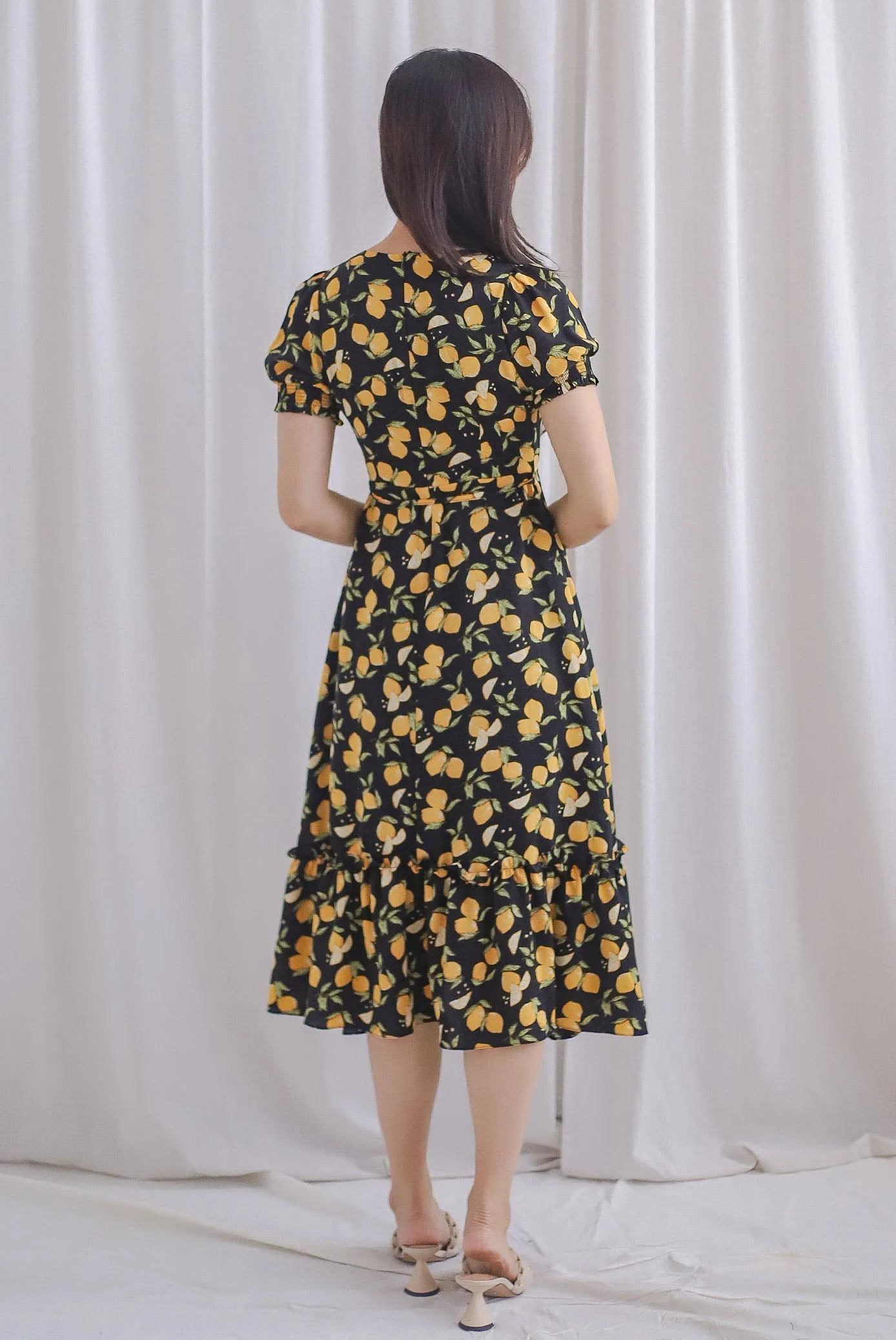 *Premium* Amanda Lemon Faux Wrap Dress In Black