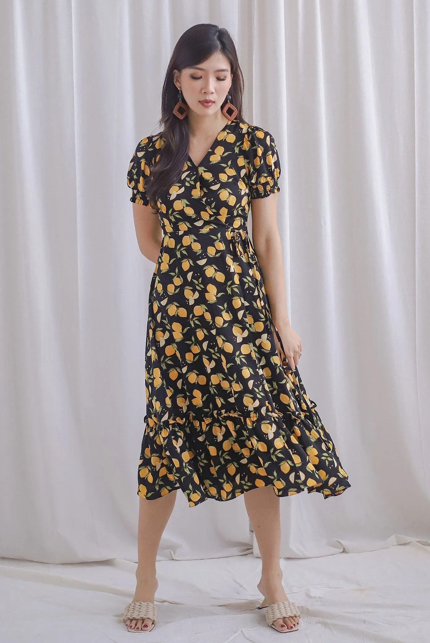 *Premium* Amanda Lemon Faux Wrap Dress In Black