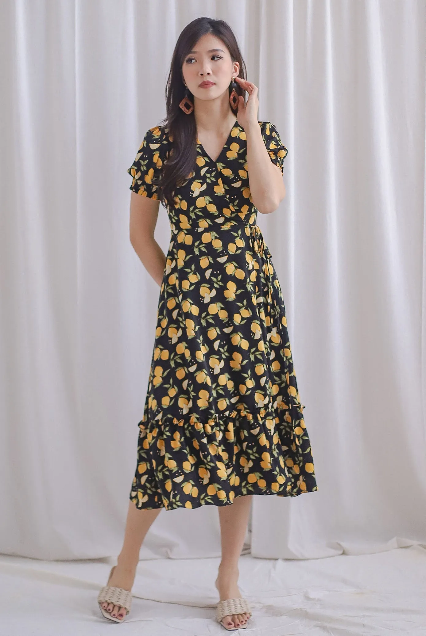 *Premium* Amanda Lemon Faux Wrap Dress In Black
