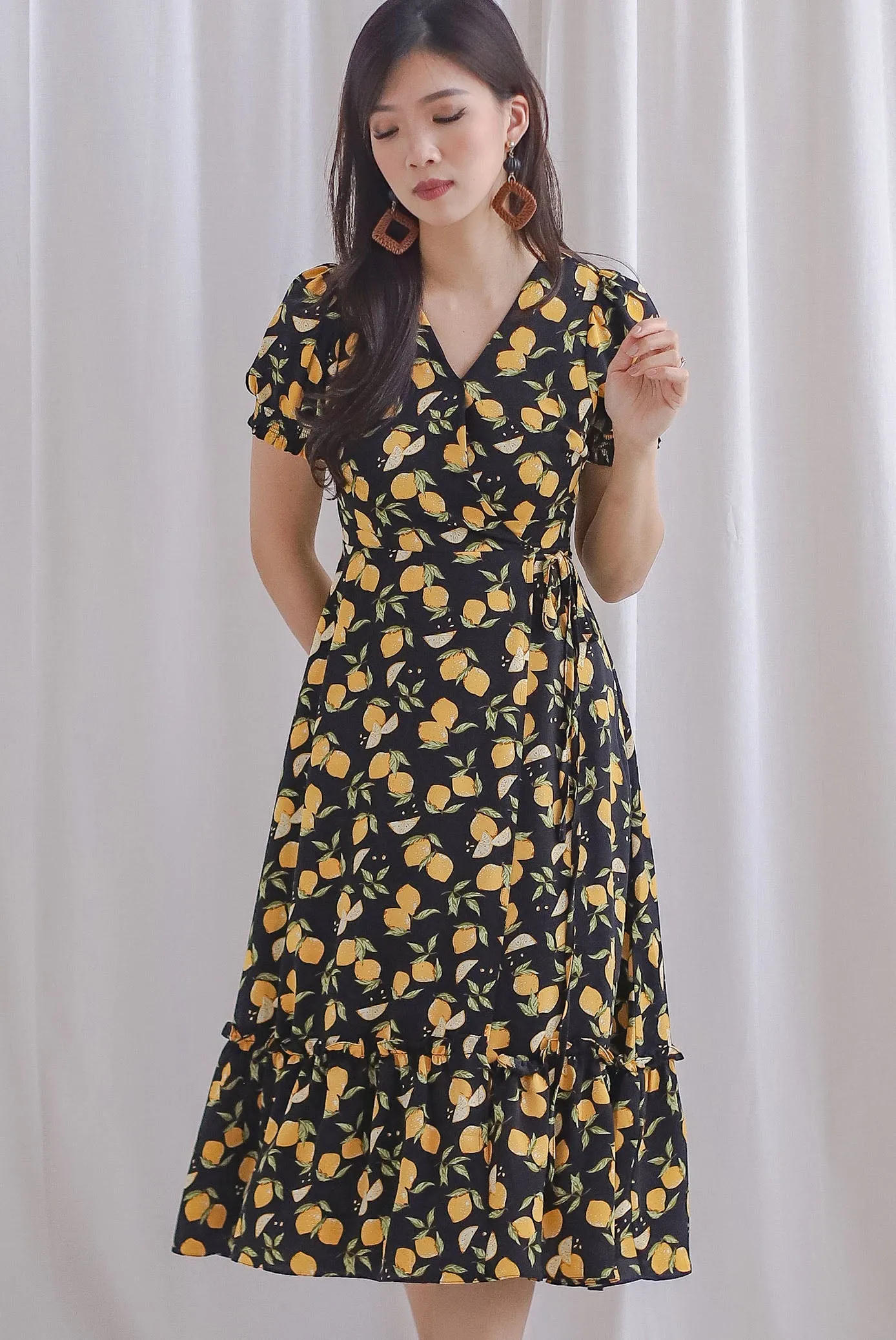 *Premium* Amanda Lemon Faux Wrap Dress In Black