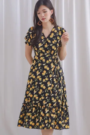 *Premium* Amanda Lemon Faux Wrap Dress In Black