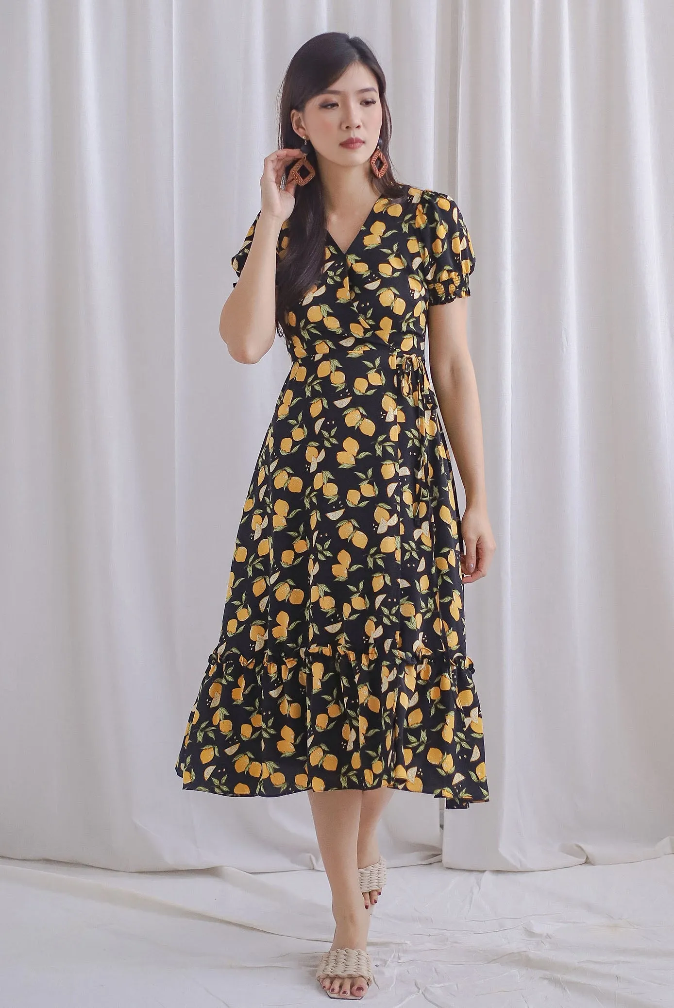 *Premium* Amanda Lemon Faux Wrap Dress In Black