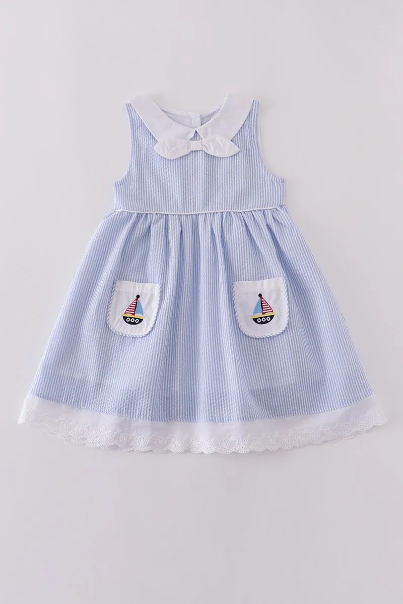 Premium Blue sailboat embroidery dress