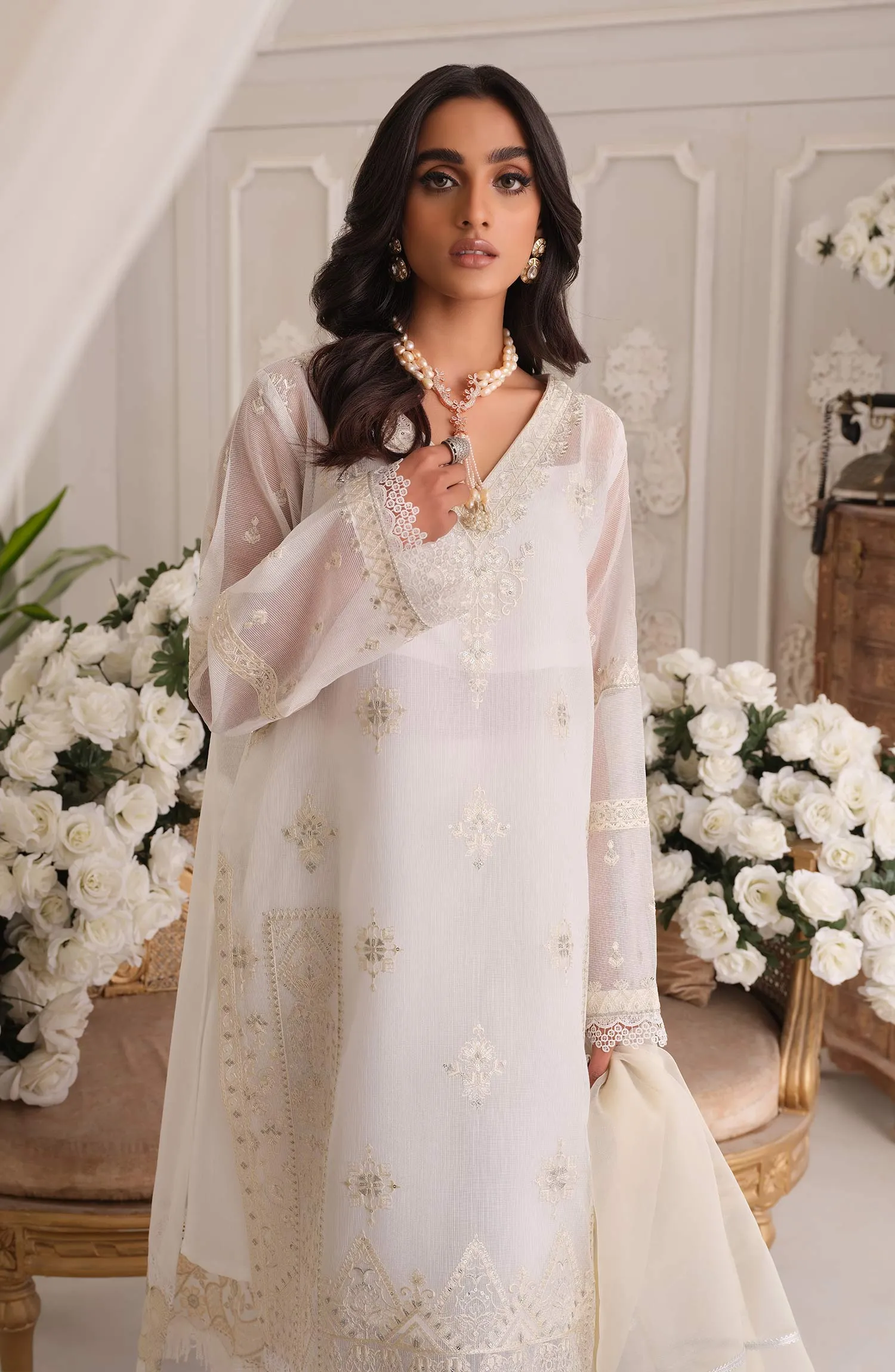 Premium Cotton Net White Kameez Trouser Pakistani Dress