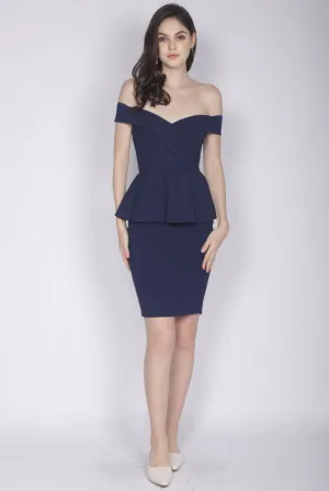 *Premium* Ewelina Off Shoulder Peplum Dress In Navy Blue