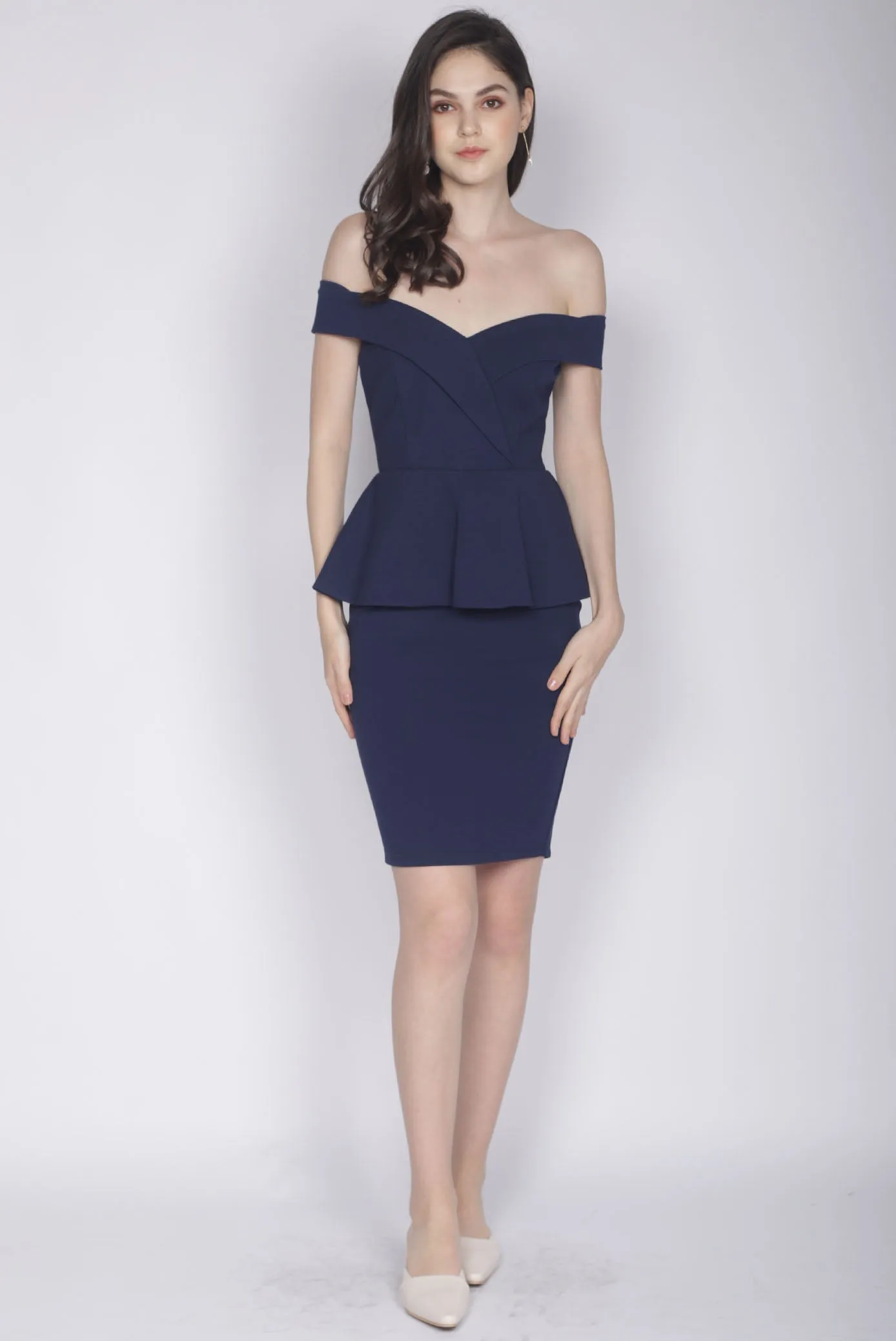 *Premium* Ewelina Off Shoulder Peplum Dress In Navy Blue