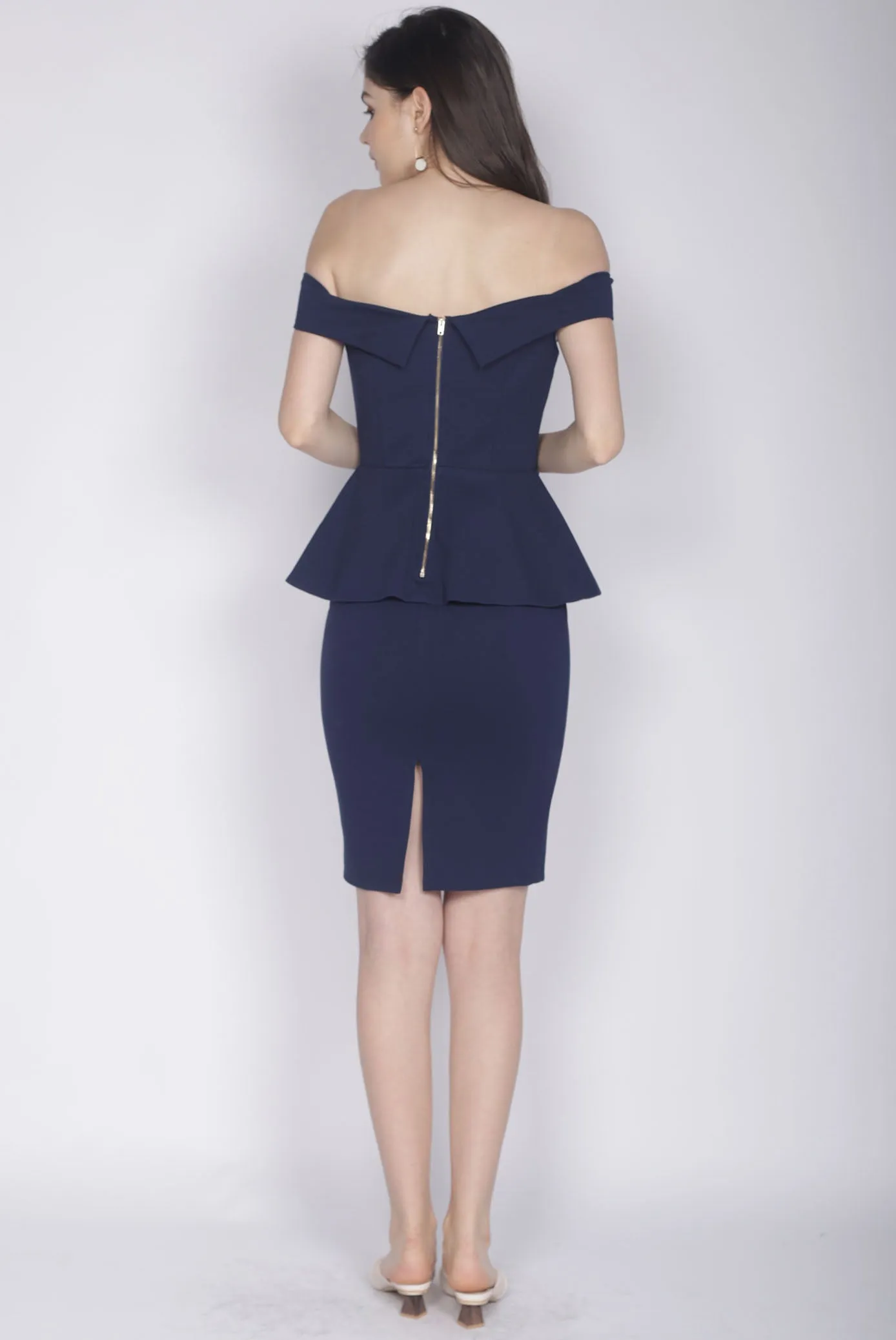 *Premium* Ewelina Off Shoulder Peplum Dress In Navy Blue