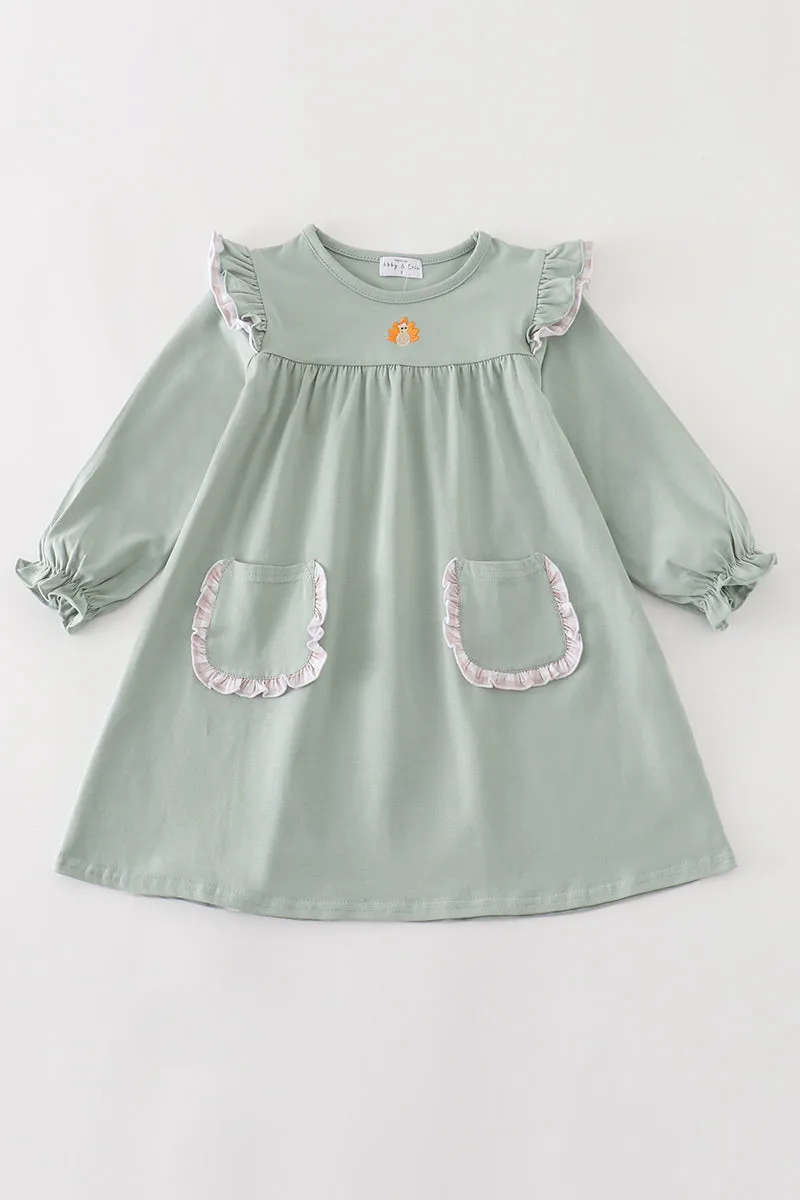 Premium Green Turkey Embroidery Pocket Dress