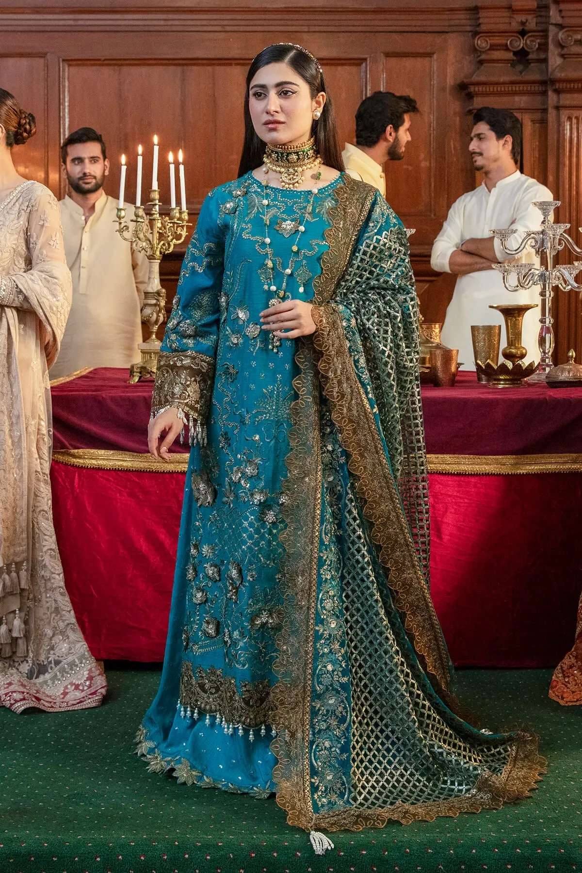 Premium Pakistani Eid Dress in Embroidered Blue Sharara Kameez and Net Dupatta Style
