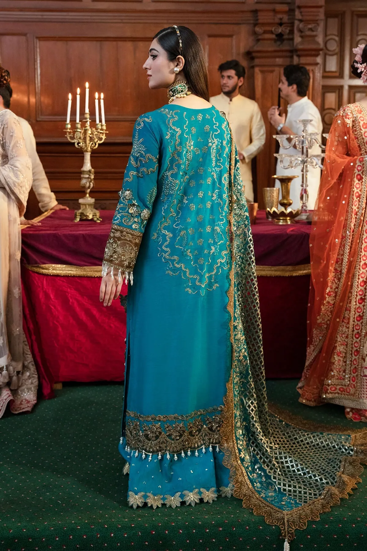 Premium Pakistani Eid Dress in Embroidered Blue Sharara Kameez and Net Dupatta Style