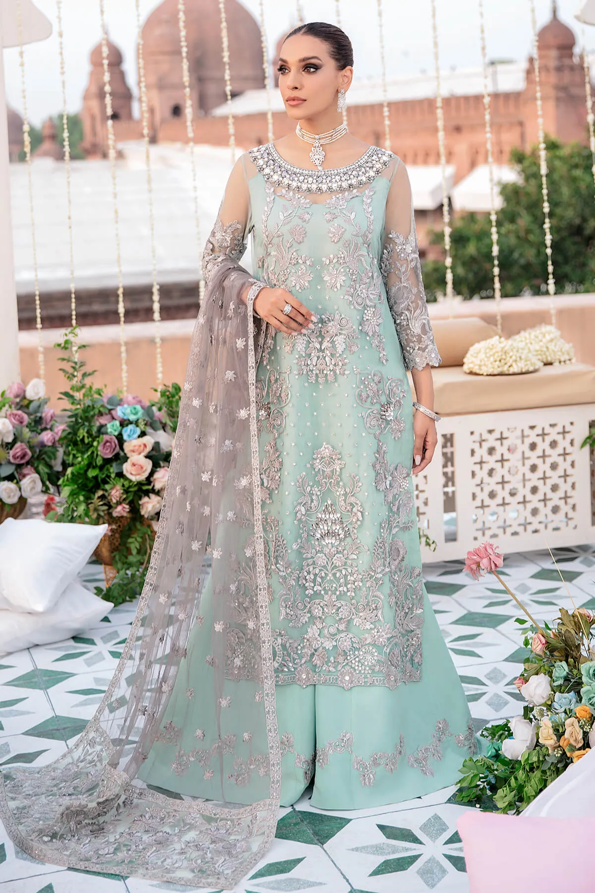 Premium Pakistani Party Dress in Embellished Sharara Kameez and Dupatta Style for Eid