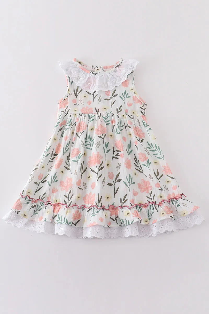 Premium Pink Muslin Floral Ruffle Dress
