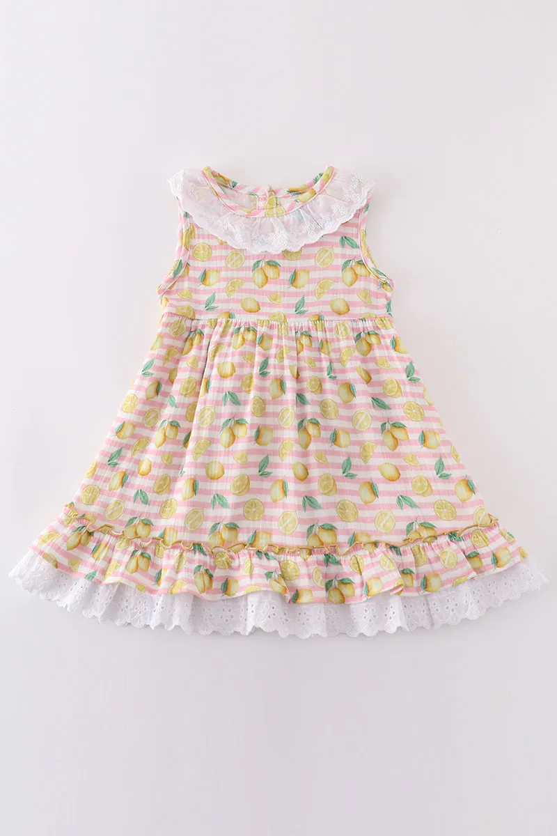 Premium Pink Muslin Stripe Lemon Ruffle Dress