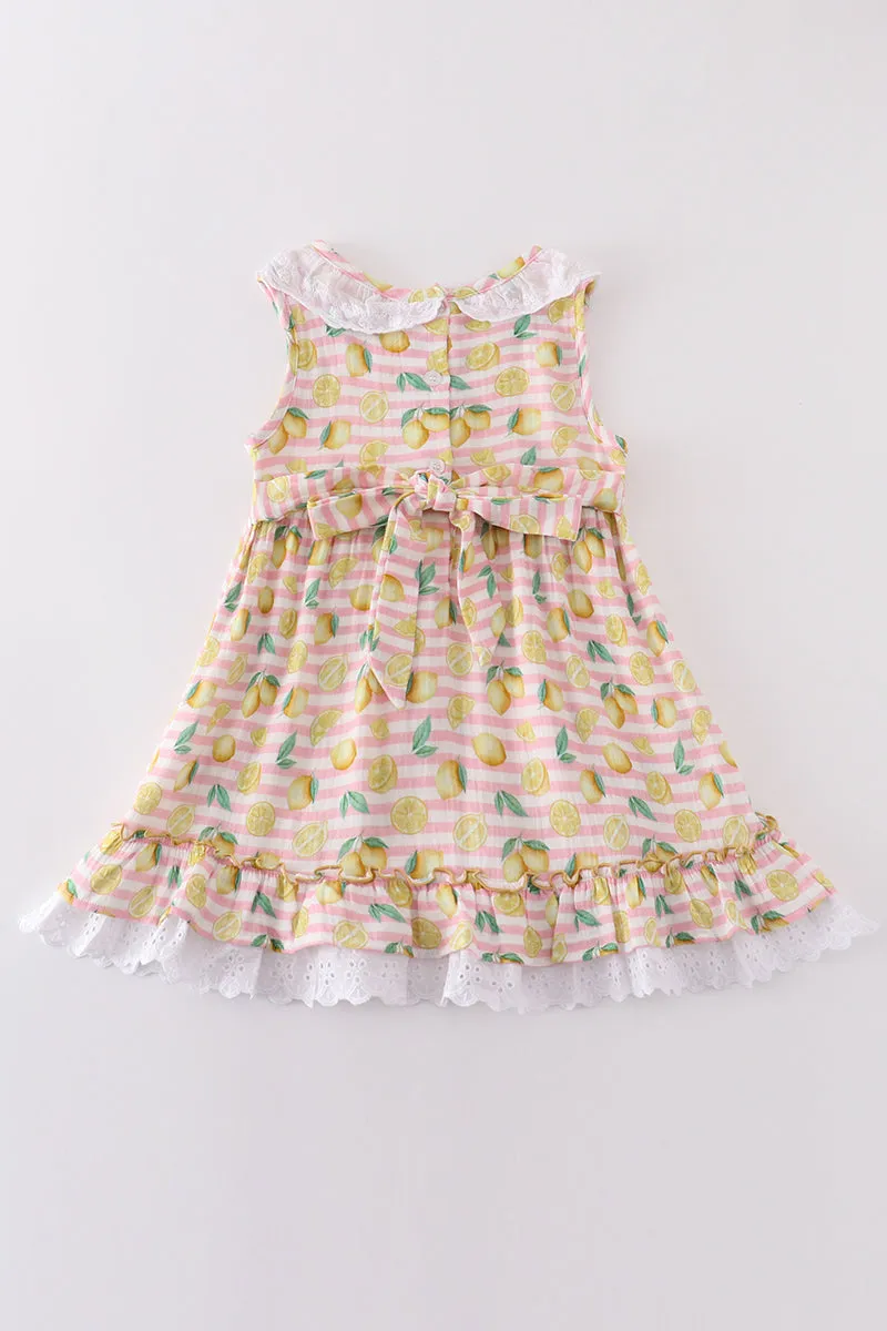 Premium Pink Muslin Stripe Lemon Ruffle Dress