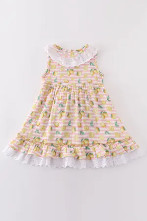 Premium Pink Muslin Stripe Lemon Ruffle Dress