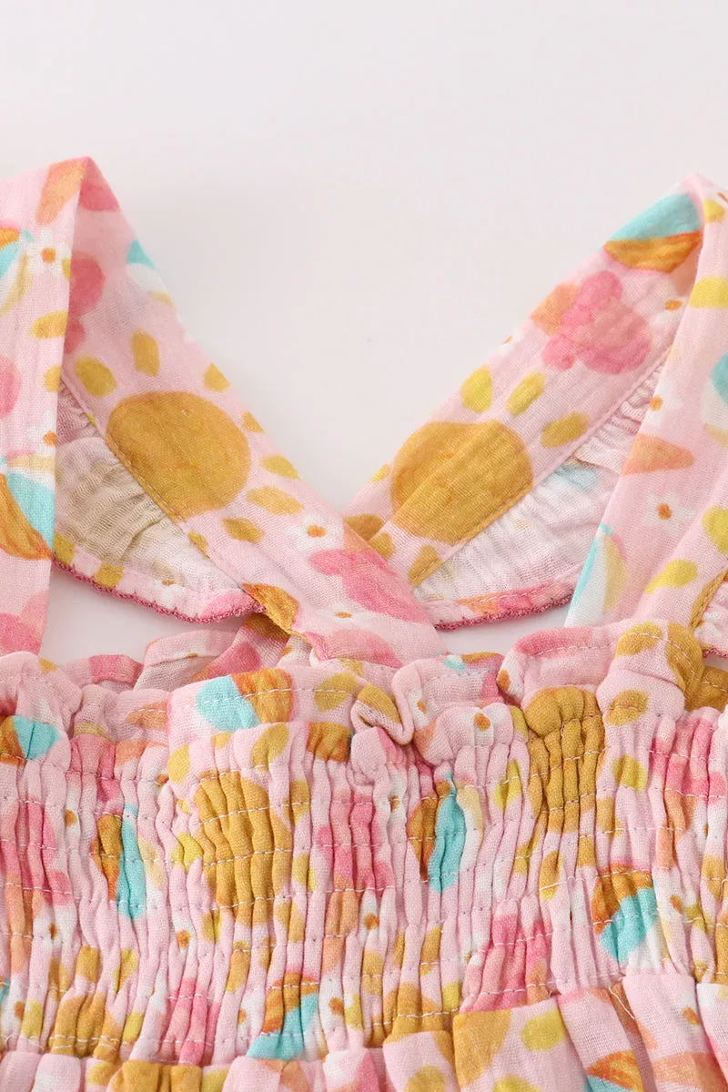 Premium Pink Muslin Sun Ice Cream Smocked Ruffle Dress