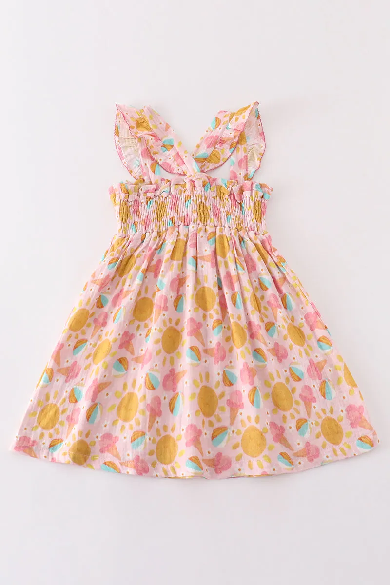 Premium Pink Muslin Sun Ice Cream Smocked Ruffle Dress