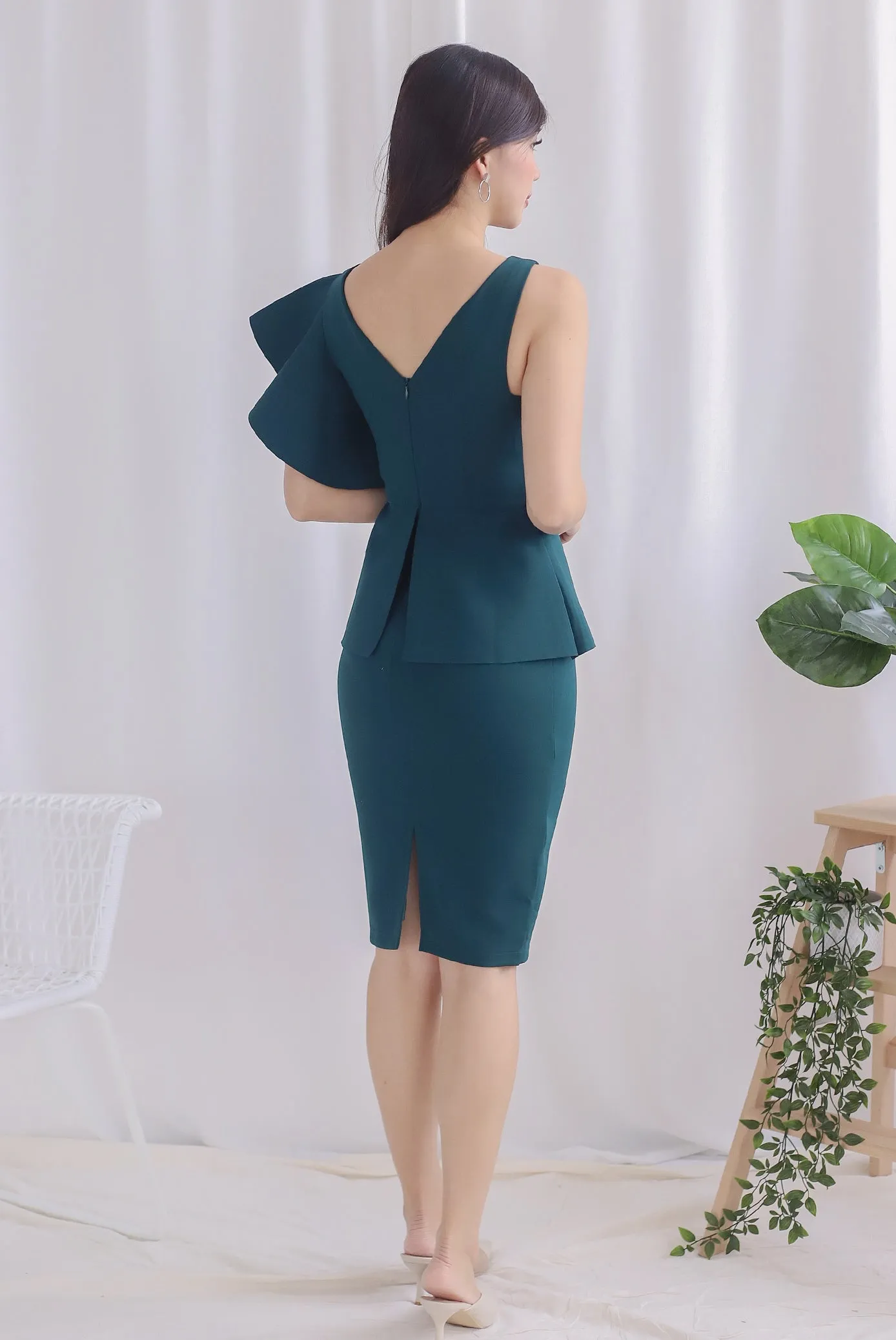 *Premium* TDC Emalyn Toga Ruffle Dress In Forest Green