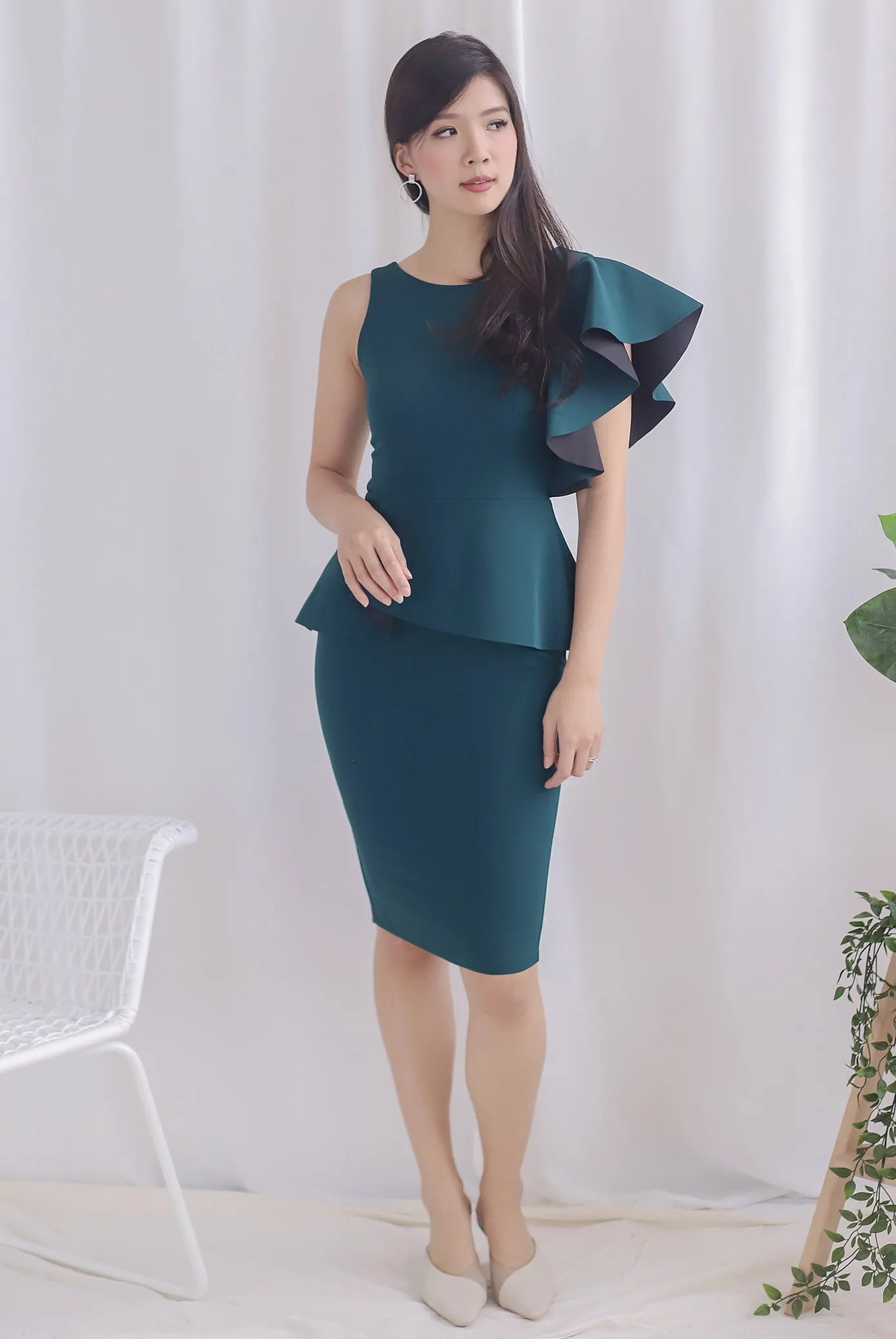 *Premium* TDC Emalyn Toga Ruffle Dress In Forest Green