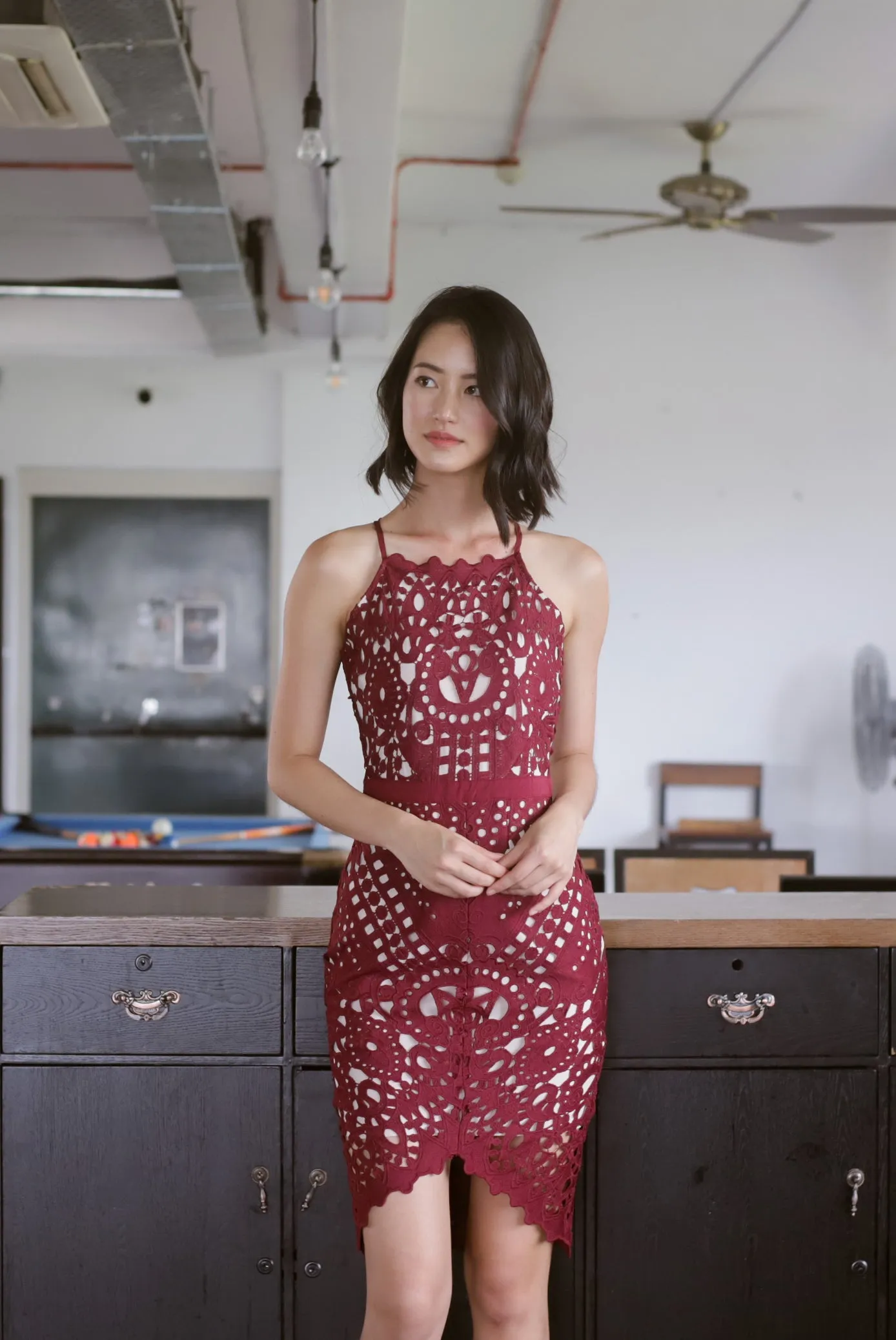 *Premium* TDC Paislee Crochet Cut In Back Dress In Wine Red