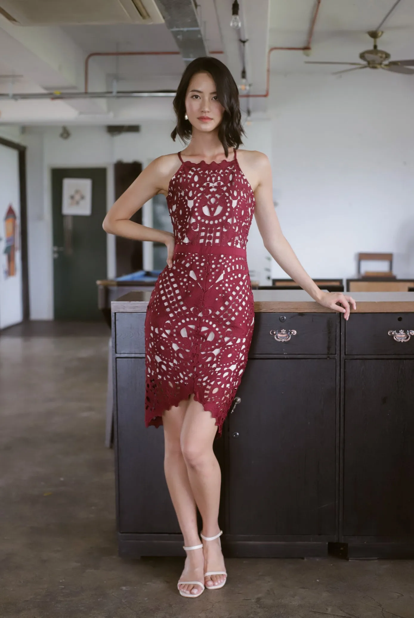 *Premium* TDC Paislee Crochet Cut In Back Dress In Wine Red
