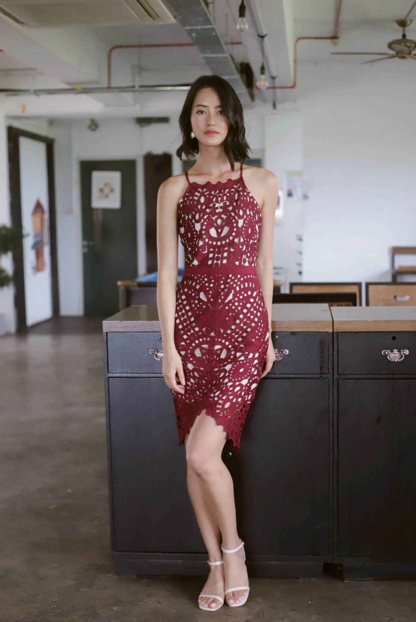 *Premium* TDC Paislee Crochet Cut In Back Dress In Wine Red