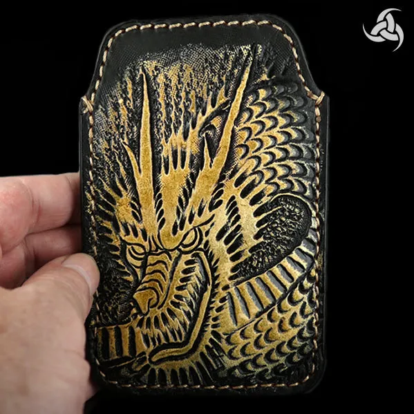 PREMIUM Tooled Dragon iPhone Cellphone Case Hand Carved Leather Universal Fit Sleeve