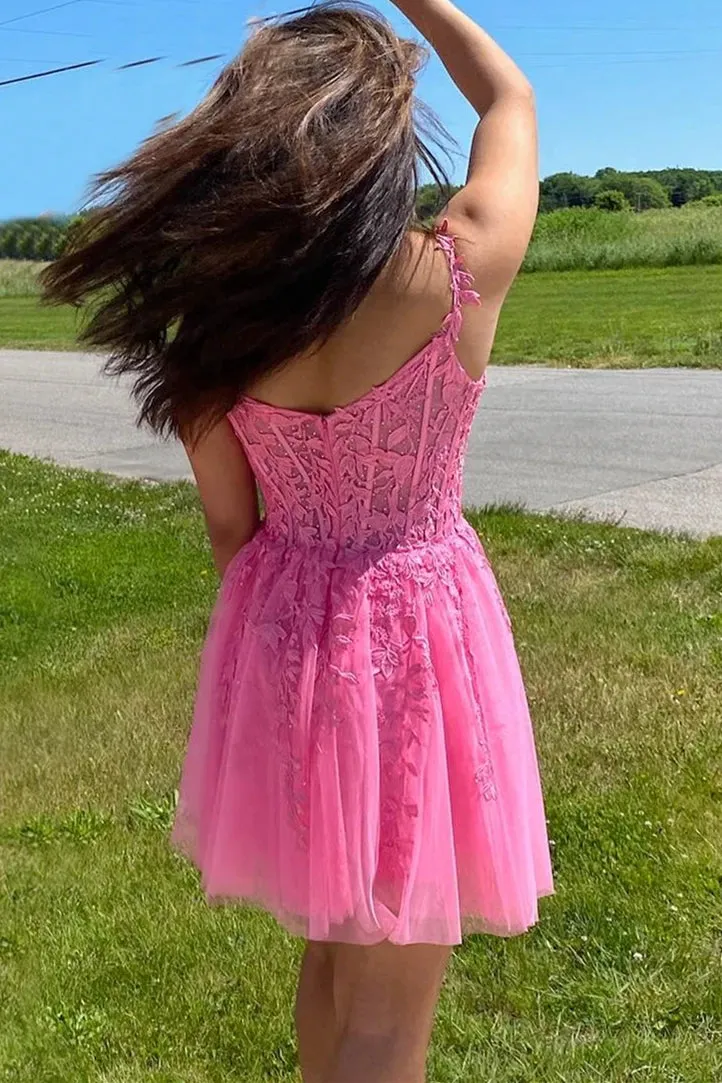 Princess A-line Hot Pink Lace Appliques Party Dress Homecoming Dress HD0166