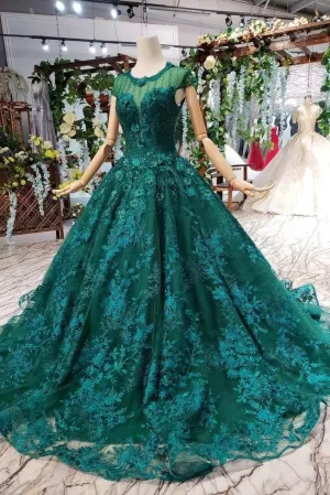 Prom Dresses Court Train Scoop Cap Sleeves Lace Up Back TP0855