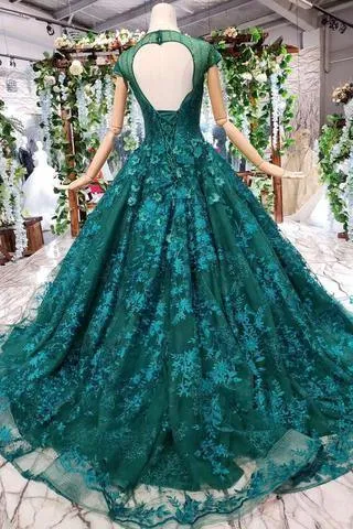 Prom Dresses Court Train Scoop Cap Sleeves Lace Up Back TP0855