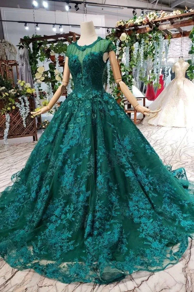 Prom Dresses Court Train Scoop Cap Sleeves Lace Up Back TP0855