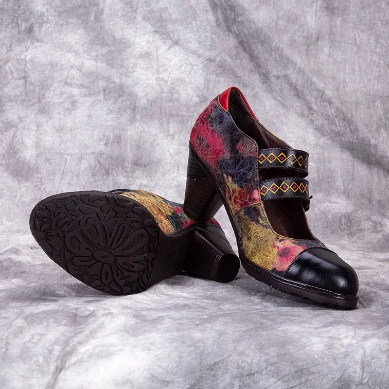 Pumps Women Shoes Genuine Leather High Heels 2020 New Retro Round Toe Casual Buckle Strap Platform Ladies Shoes