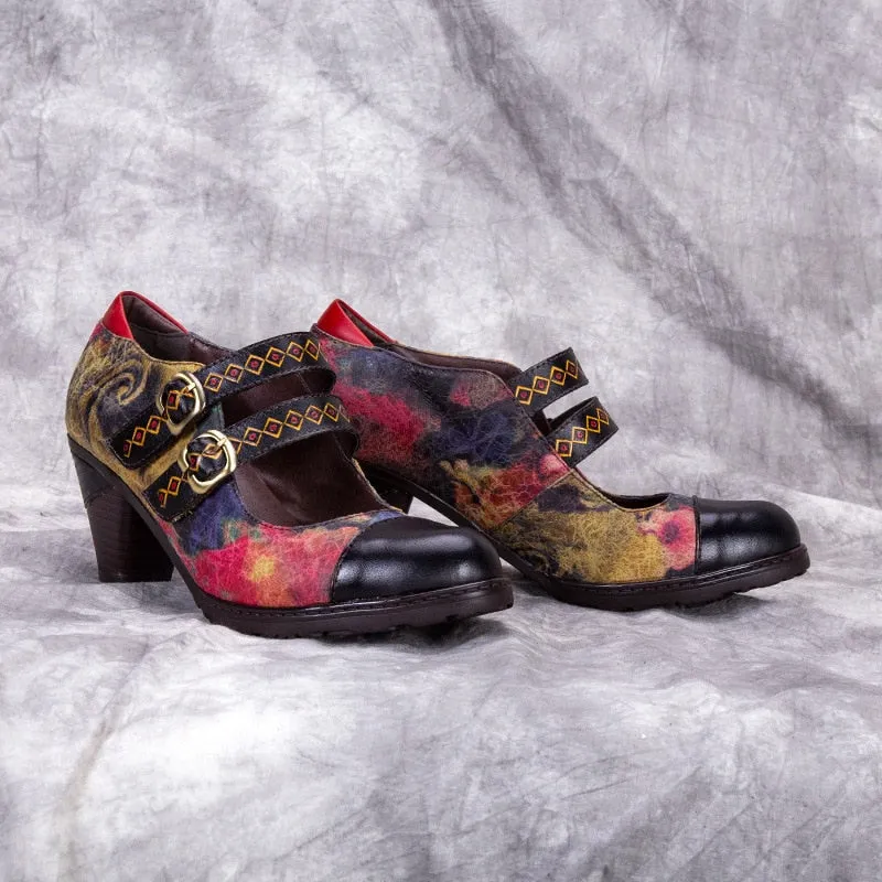 Pumps Women Shoes Genuine Leather High Heels 2020 New Retro Round Toe Casual Buckle Strap Platform Ladies Shoes