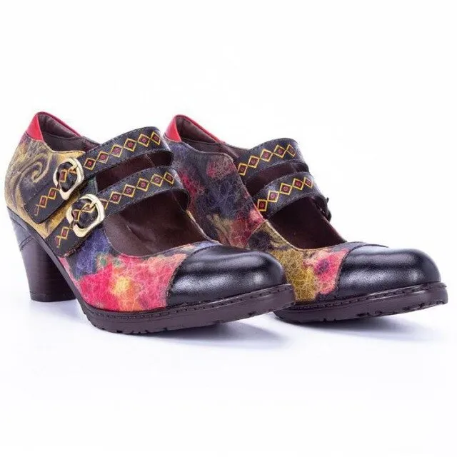 Pumps Women Shoes Genuine Leather High Heels 2020 New Retro Round Toe Casual Buckle Strap Platform Ladies Shoes