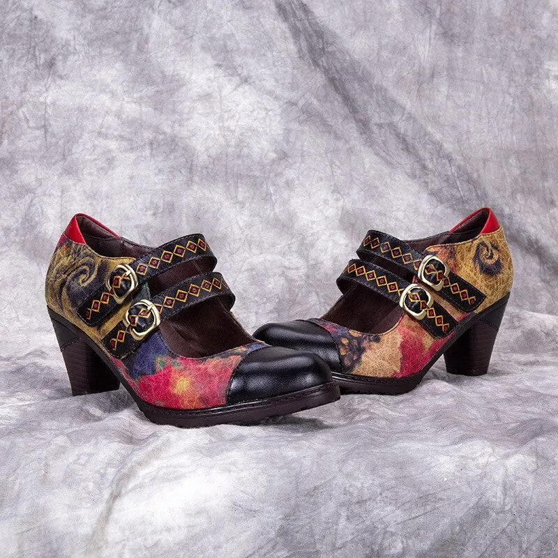 Pumps Women Shoes Genuine Leather High Heels 2020 New Retro Round Toe Casual Buckle Strap Platform Ladies Shoes