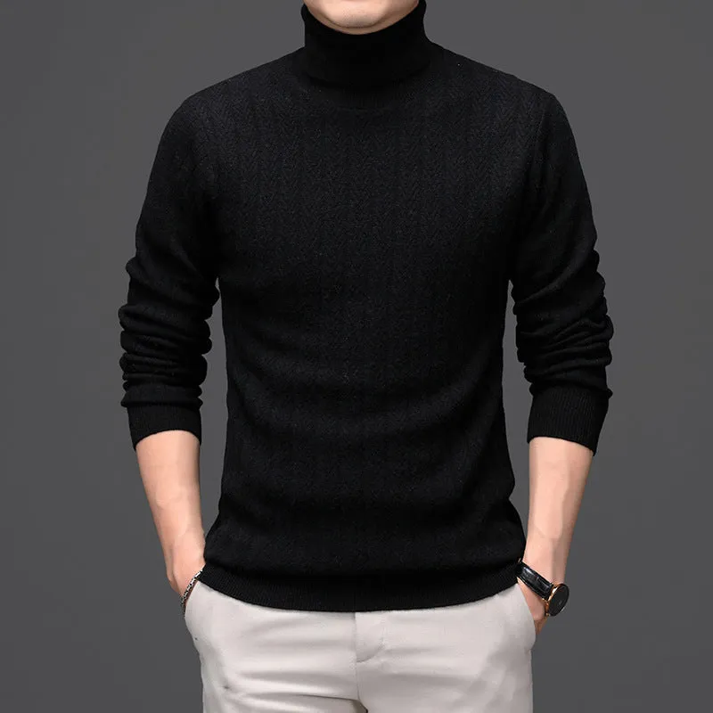Pure Wool Mens High Neck Warm Sweater Thick Striped Pullover Sweater