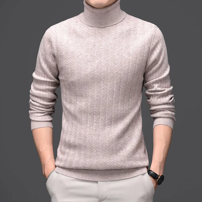Pure Wool Mens High Neck Warm Sweater Thick Striped Pullover Sweater