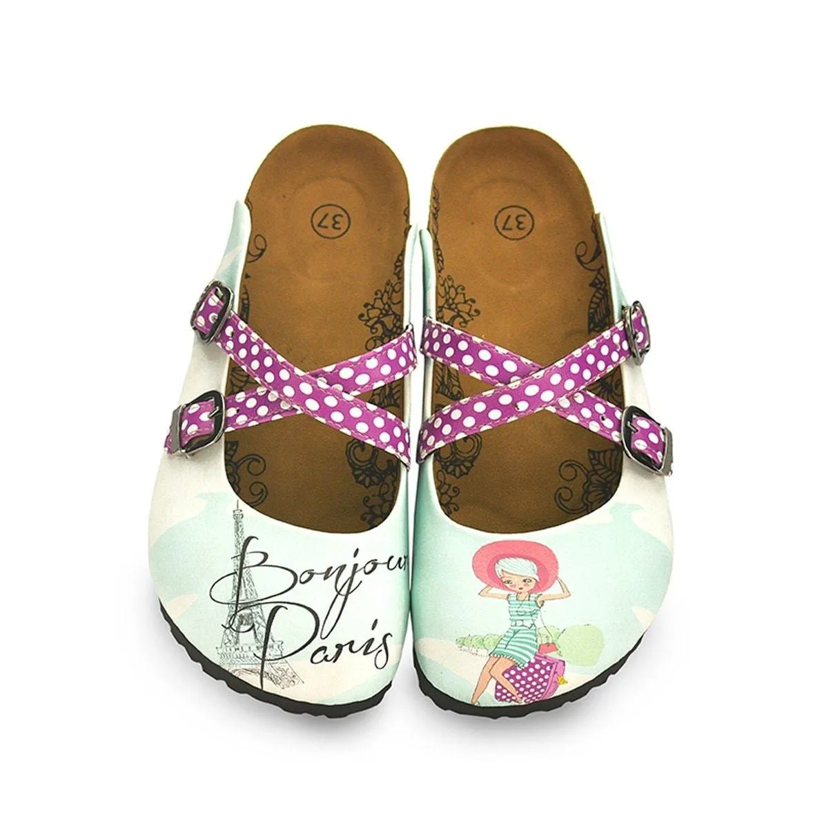 Purple and White Colored Polkadot, Bonjour Paris Written, Cute Girl Patterned Clogs - WCAL125