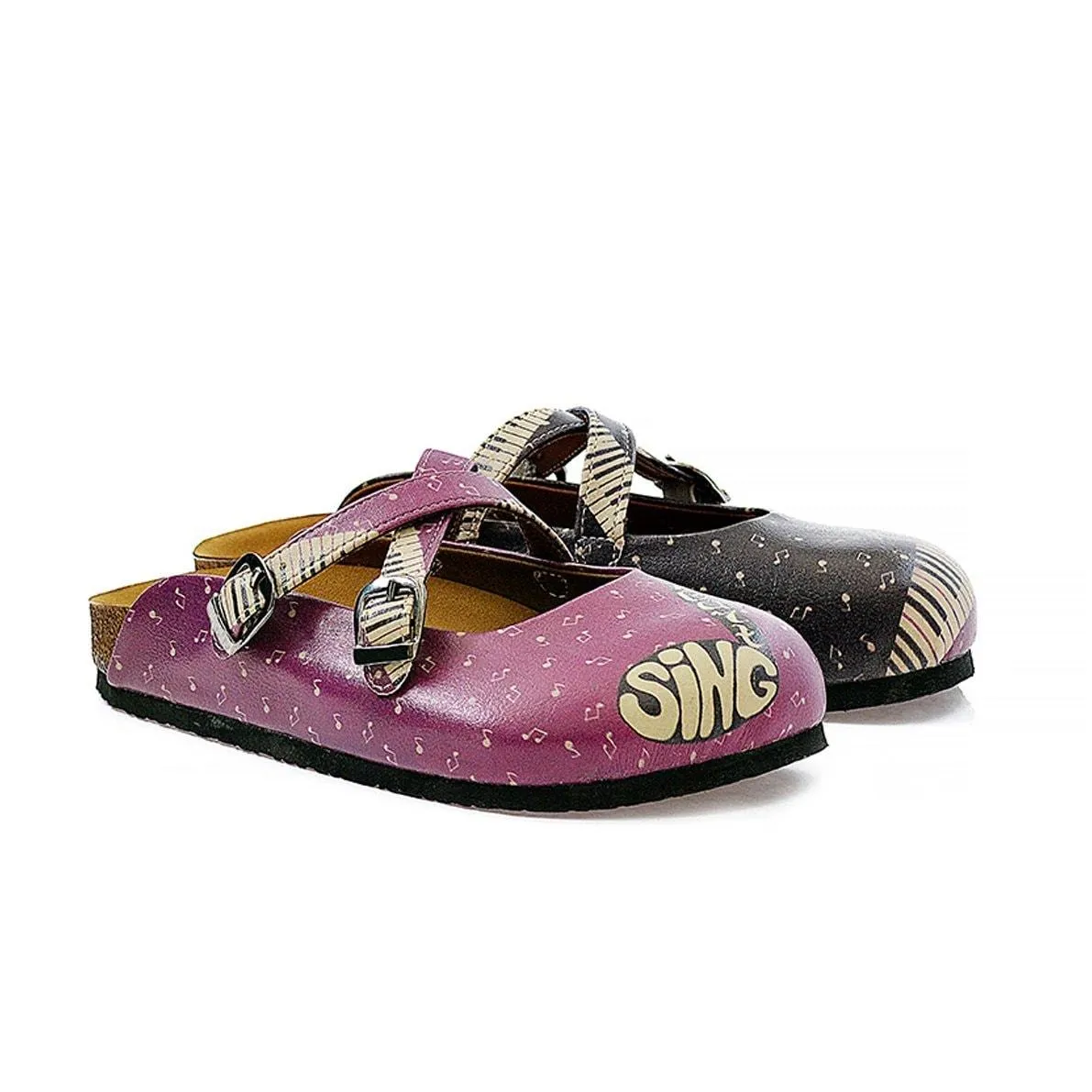 Purple, Black, White and Musical Note, Piano Patterned Clogs - CAL113
