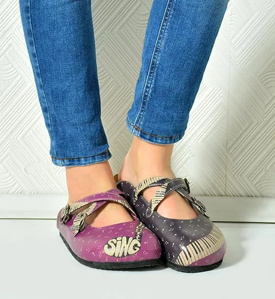 Purple, Black, White and Musical Note, Piano Patterned Clogs - CAL113
