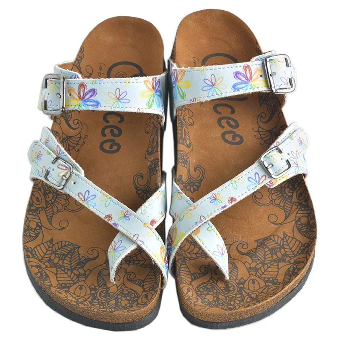 Rainbow Flowers and Light Blue Pattern Sandal - CAL1007