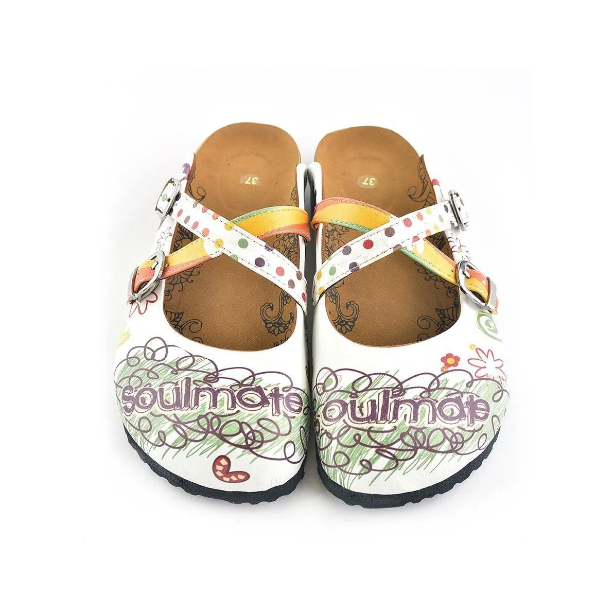 Rainbow Polkadot and Striped, Green, Purple Colored Soulmate Written Patterned Clogs - WCAL136