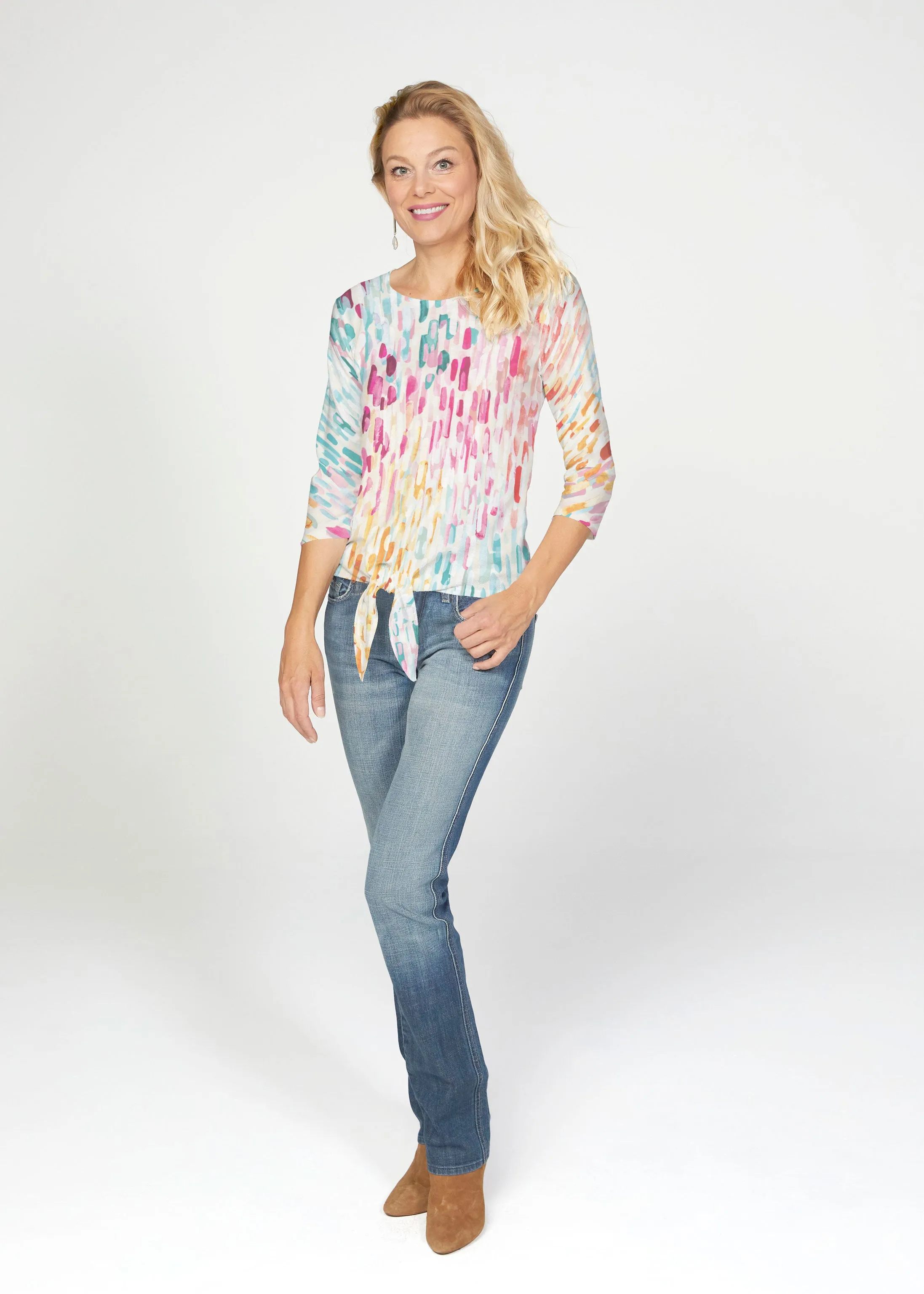 Rainbow Rain (16227) ~ French Terry Tie 3/4 Sleeve Top