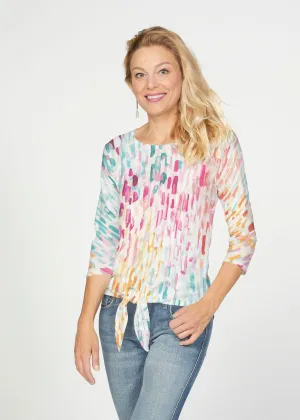 Rainbow Rain (16227) ~ French Terry Tie 3/4 Sleeve Top